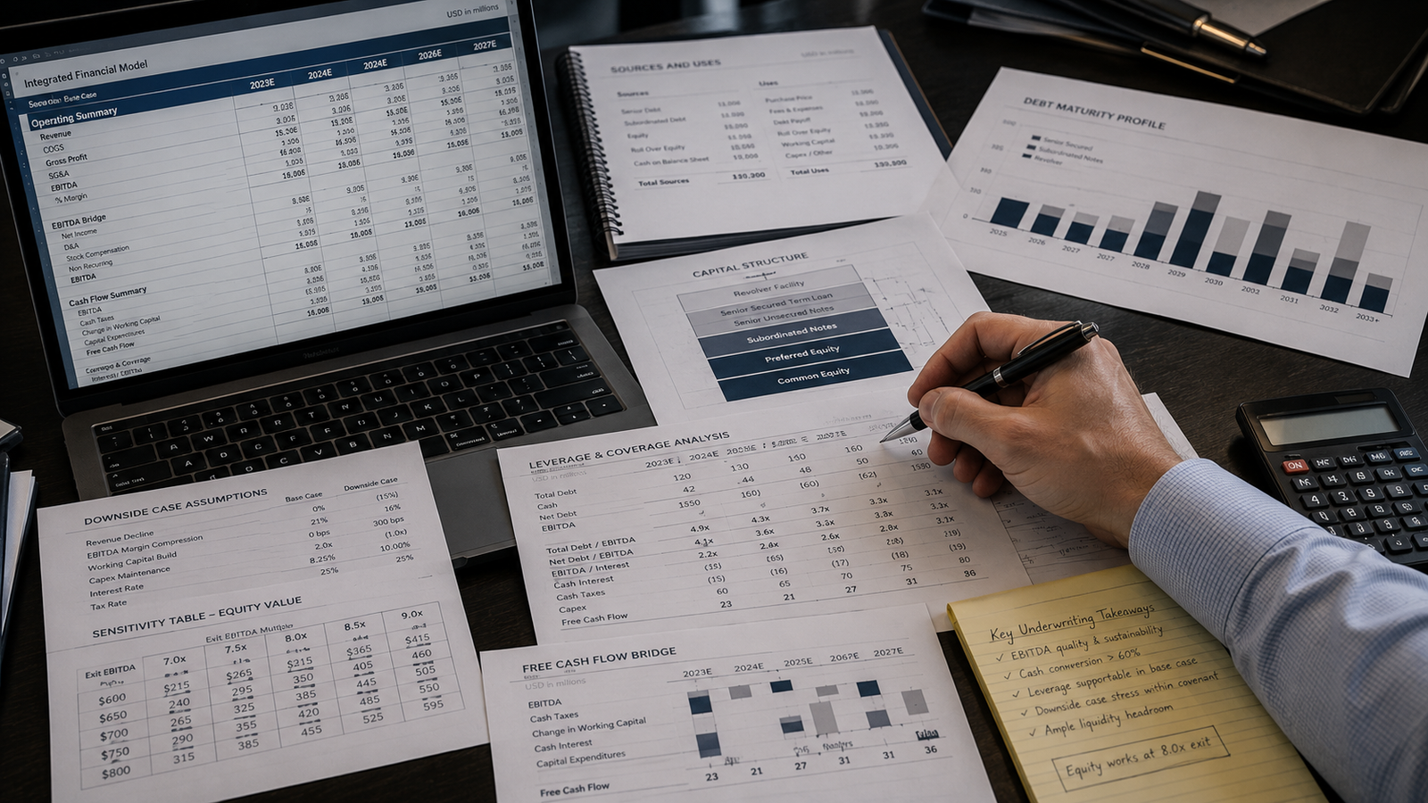 Transaction underwriting analysis including cash flow, leverage, capital structure, and downside review